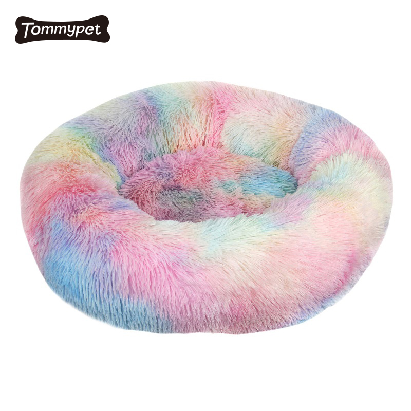 Tie-dye Gradient Color Pet Factory Original Fluffy Shag Round Faux Fur Pet Cat Cozy Cuddler Calming Donut Dog Bed