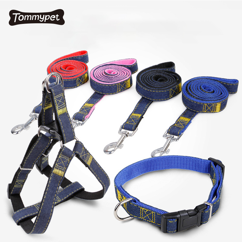 America Hot Selling 3 in 1 Pet Products Three-piece suit Jean Nylon Material Dog Harness Leash Collar Sets