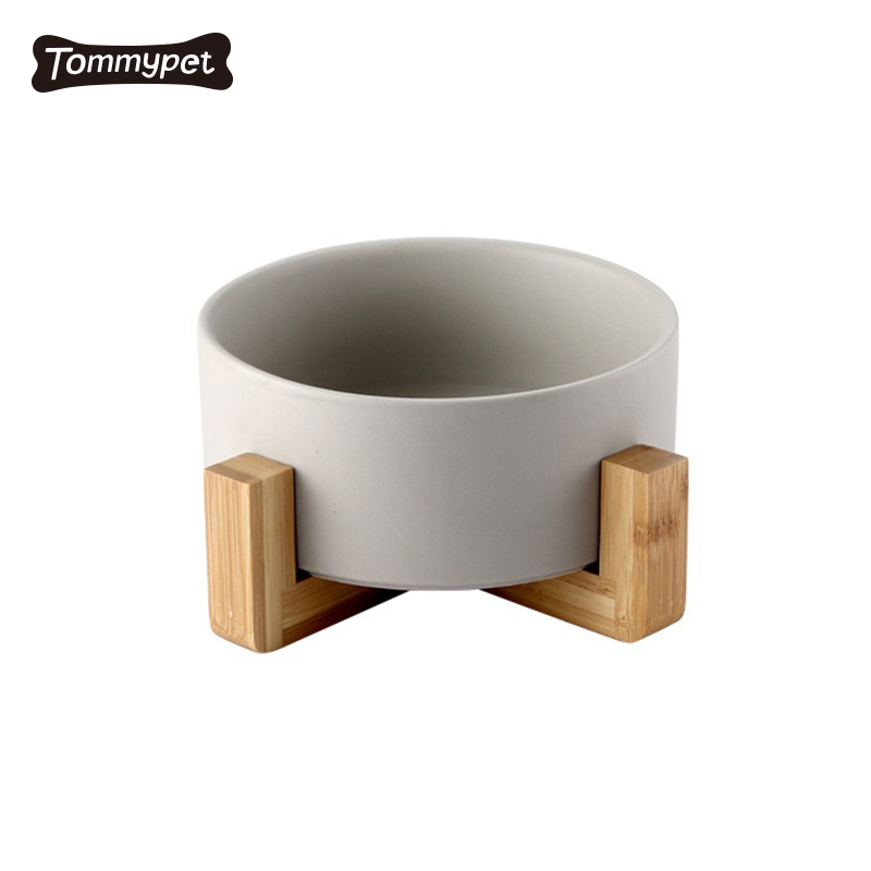 Wholesale custom matted elevated dog bowl non slip ceramic pet bowl with wooden stand